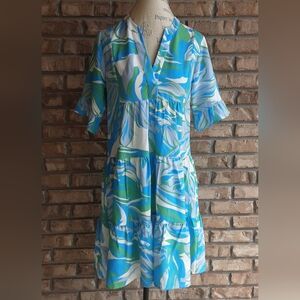 ESQUALO Blue and Green Abstract Patterned Tiered Dress.